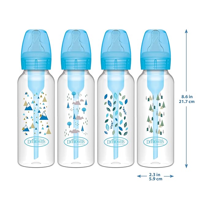 Dr. Brown's Natural Flow Anti-Colic Options+ Narrow Baby Bottle, Blue Nature, 8 oz/250 mL, with Level 1 Slow Flow Nipples, 0m+, 4 Pack