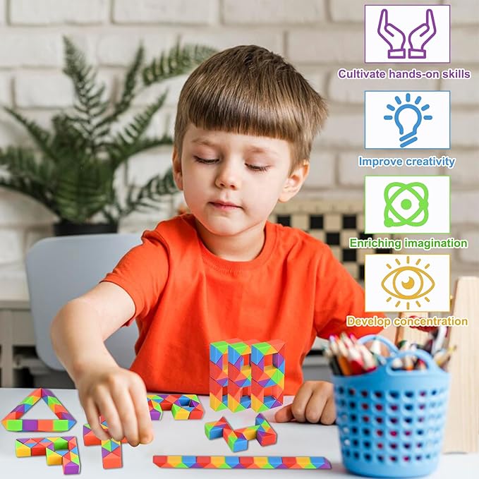GOLDGE 40 Pack Mini Fidget Snake Cube Puzzle Toys - Party Favors & Goodie Bag Fillers, Travel Toys for Kids Ages 4-8, Rainbow Colors - Bulk Birthday & Back to School Gifts - Stocking Stuffers