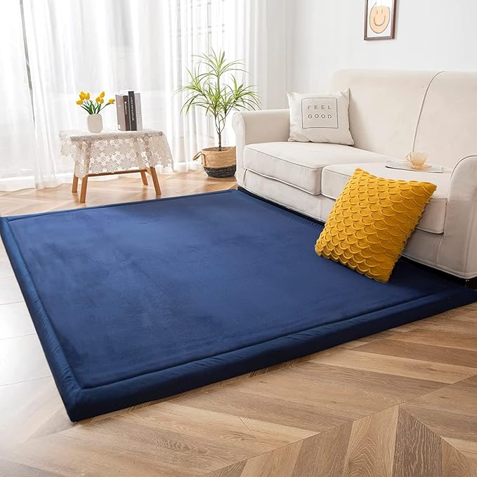 MAXYOYO Baby Play Mat, 1.2" Thick Memory Foam Soft Padded Carpet with Non-Slip Backing, 5x7 ft Japanese Tatami Rug Living Room for Kids, Toddler, Children, Nusery(Navy)