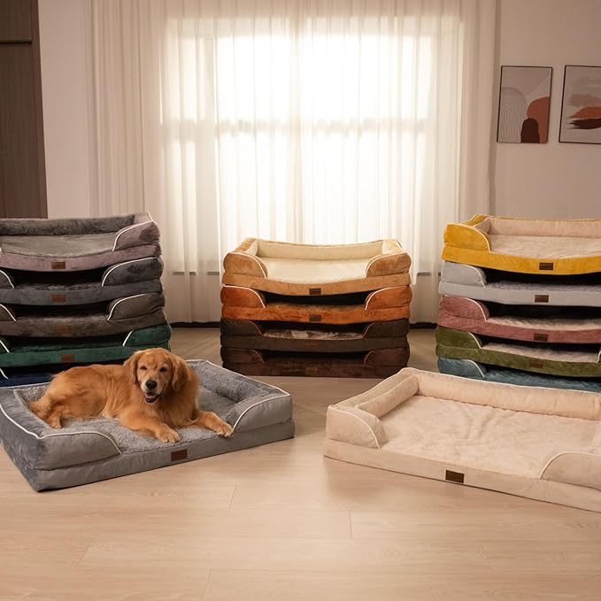 Comfort Expression Orthopedic Dog Bed for Large Dogs 36x27 Inch, Waterproof Supportive Egg Crate Foam Large Pet Bed with Removable Bolsters, Dog Couch with Washable Cover & Non-Slip Bottom, Beige