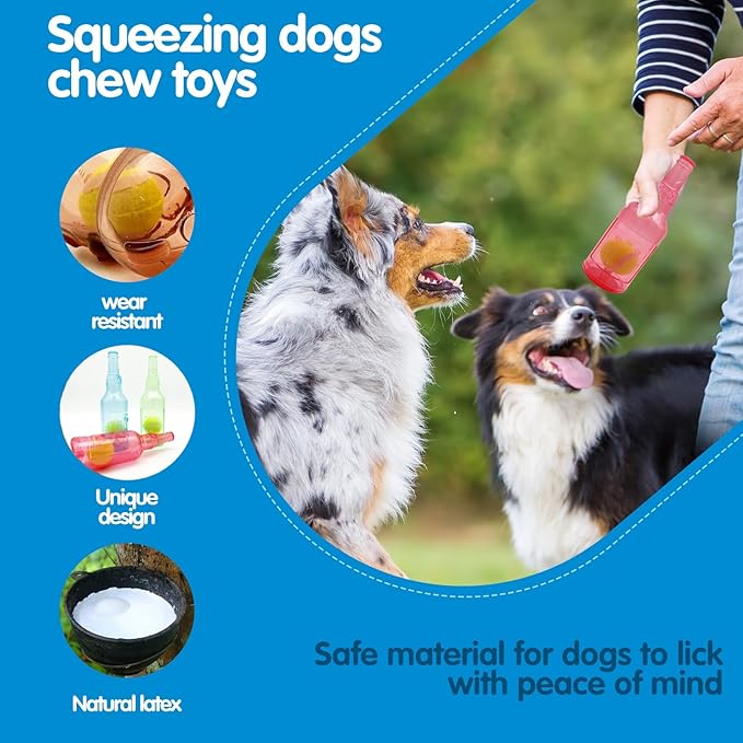 Cute Tough Dog Toy Rubber Bottle Squeaky Dogs Chew Toy Long Lasting Interactive Fetch Toy for Teething Tennis Ball Included (Blue, Large)