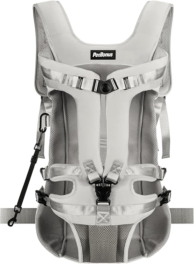 PetBonus Pet Front Dog Carrier Backpacks, Adjustable Pet Backpack, Legs Out Easy-fit Puppy Chest Carrier for Medium Small Dogs, Hands Free for Hiking, Cycling (Grey, L)
