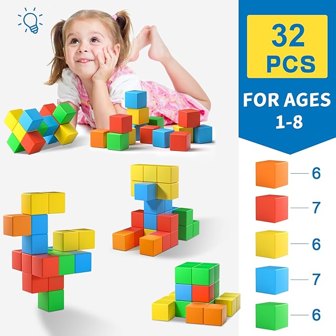 Magnetic Blocks,1.42 inch 32pcs Large Magnetic Building Block for Toddlers 3 4 5 6 7 8 Year Old Boys Girls Color Magnet Cubes Learning Toys for Kids 1-3 Sensory Toys Age 4-8 Gift
