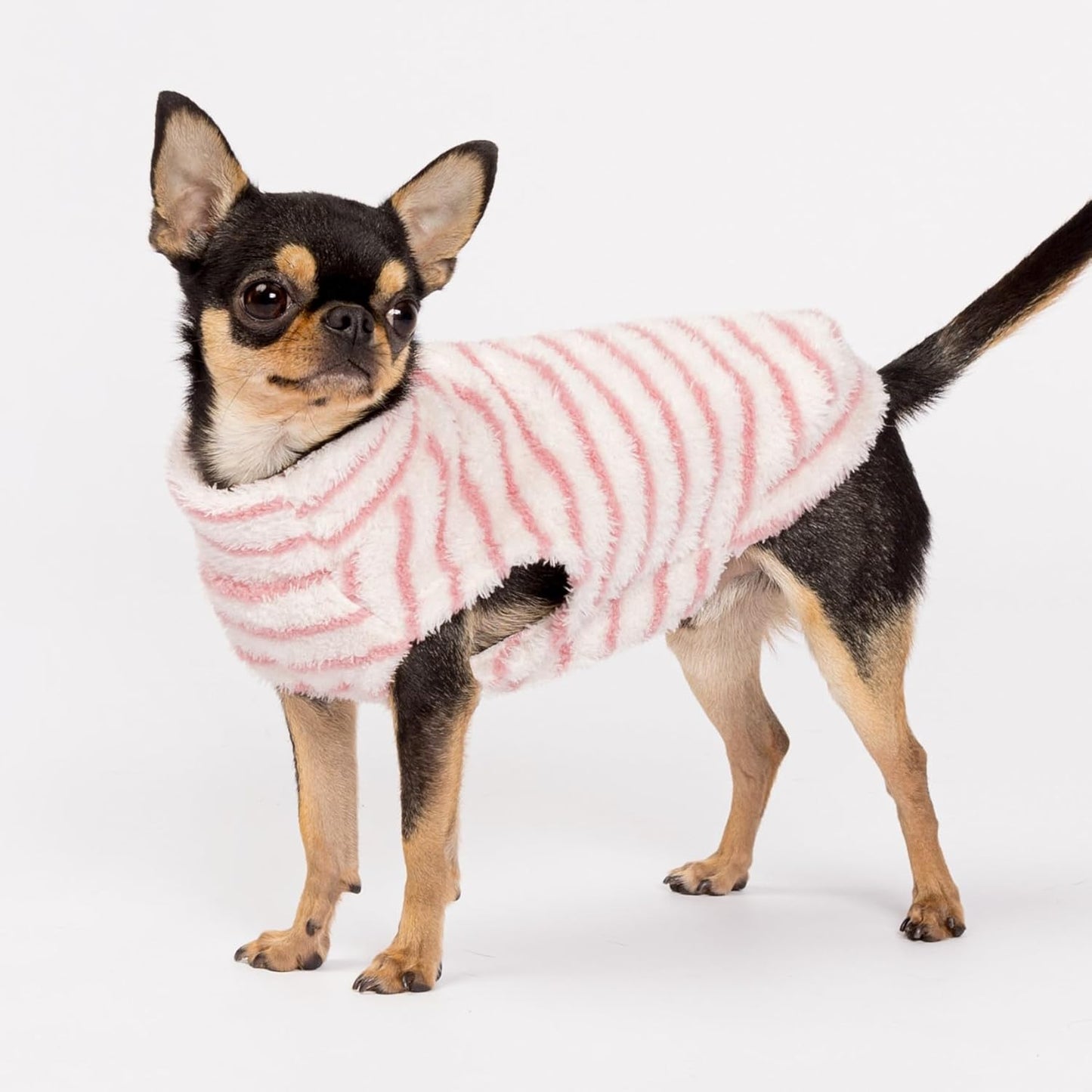 Fitwarm 2 Pack Striped Fleece Dog Sweater, Warm Winter Dog Clothes for Small Dogs Girl, Fuzzy Turtleneck Pet Outfit, Doggy Pullover Jumper, Rose Pink, White, Light Pink, XXL
