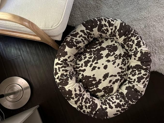 Organic Cotton Canvas Dog Bed: Removable Cover, Natural Fill - Made in USA (Cow Print Brown White, Small 24" x 7" inches)