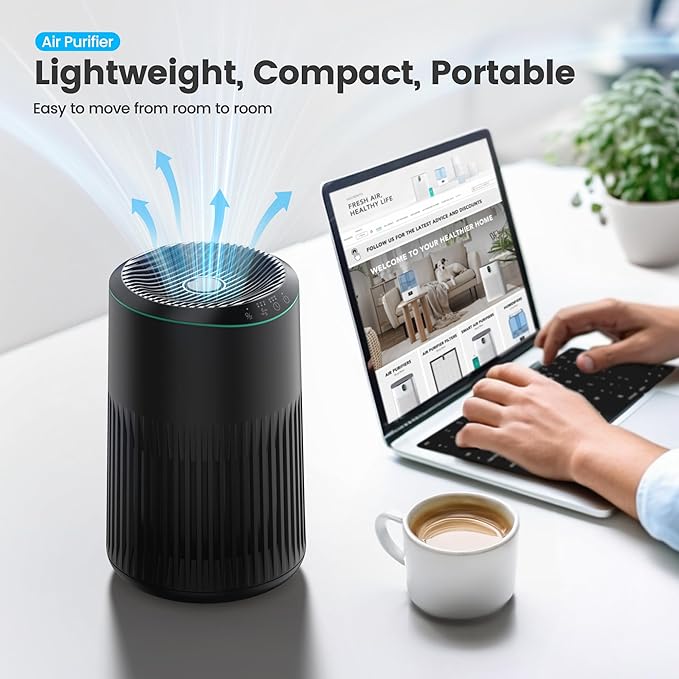 Air Purifiers for Bedroom Home for Smoke Pet Dander Odors, Air Purifier with Sleep Mode Small Air Purifier with Fragrance Sponge for Bedroom Office, Blue Ambient Light, 23dB Quiet, 2 Pack Black