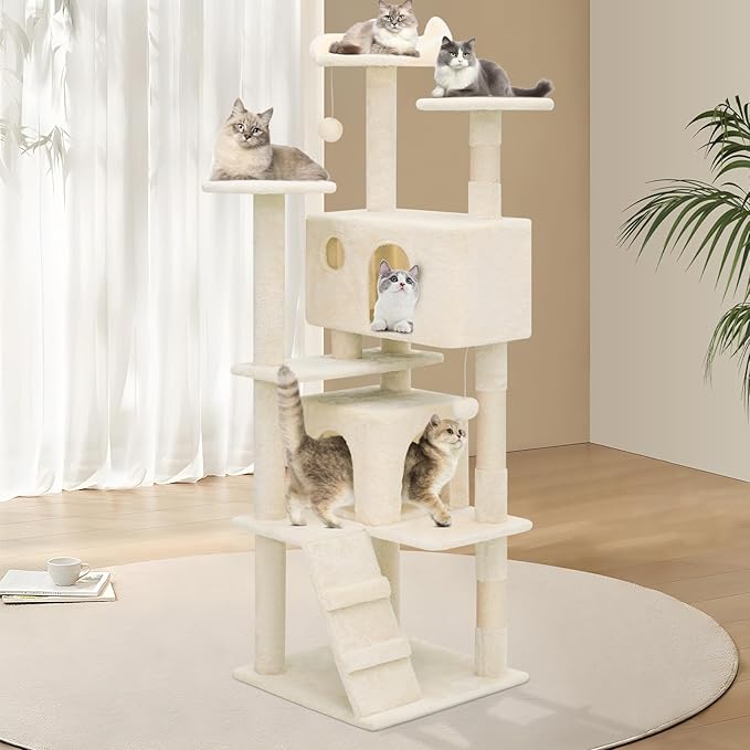 Athena Collection Cat Tree - 62"Multilevel Cat Scratching Post & Condo, Dangling Ball Activity Center for Indoor Cats, Beige