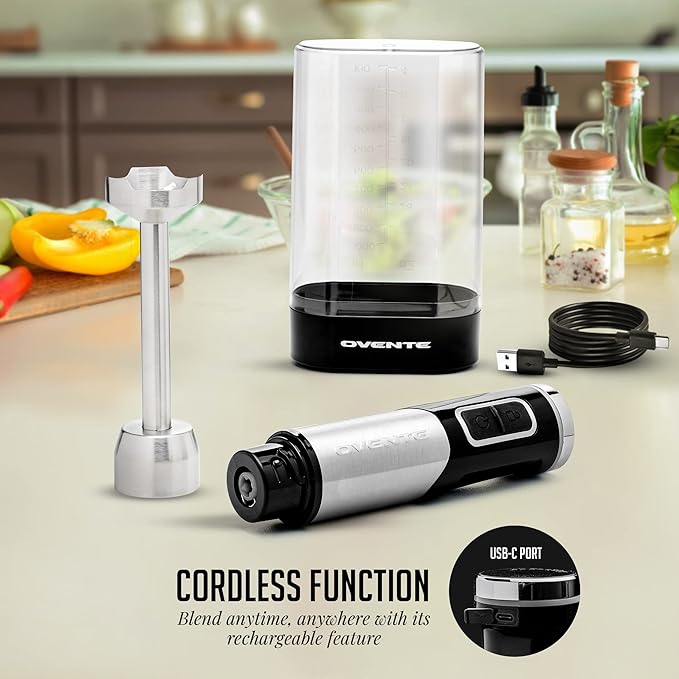 OVENTE Cordless Immersion Hand Blender, Rechargeable Handheld Portable Stick Mixer with 8 Mixing Speed Option, One-Touch Control and Stainless Steel Blades for Smoothies, Shakes or Soups, Black HR981B