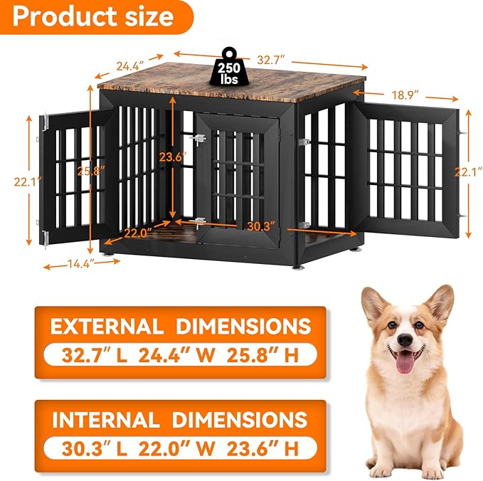 32" Heavy Duty Dog Crate Furniture for Small,Medium and Large Dogs,Rustic Wooden Dog Cage Kennel Indoor Furniture with Waterproof Top,Decorative Pet House Side End Table (Black & Wood)
