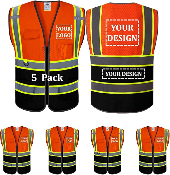 Custom Safety Vest Customized Logo Mesh Vest Class 2 High Visibility Reflective Vest with Pockets Orange Workwear（Orange Black，L ）