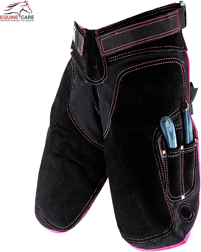 Equine Care Women’s Farrier Apron Chaps 23″ – Leather & Canvas, Adjustable 28–52″ Waist, EVA Padded Knees, Lumbar Support, 4 Knife Pockets & Nail Magnets for Hoof Trimming (Black with Pink Piping)