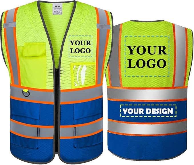 BeautyWill Custom Mesh Safety Vest Customized Logo Class2 High Visibility Reflective Vest with Pockets Construction workwear（Yellow Blue，4XL ）