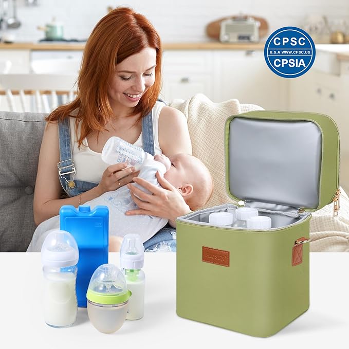 PIIOSER Breastmilk Cooler Bag with Ice Pack Fits 6 Baby Bottles Up to 9 Ounce, Insulated Baby Bottle Tote Bags, Double Layer Waterproof Leak-Proof with Shoulder Strap for Nursing & Working Mom (Green)