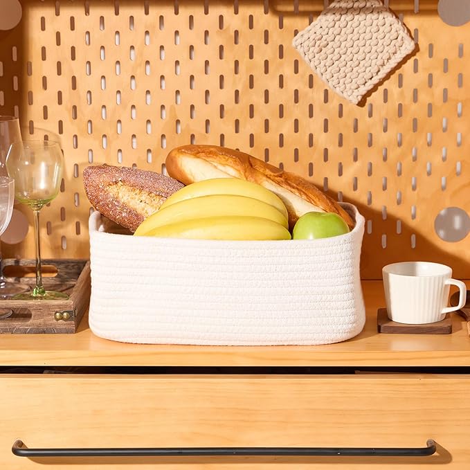 Small Storage Baskets for Organizing | Closet Organizer Bins | Shelf Toy Basket | Woven Rope Baskets | Cube Decorative Box | Shallow Basket | 13x8.5x5.1” | 3 Packs Off White