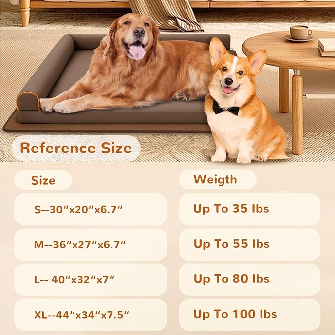Big Dog Bed Orthopedic Memory Foam Dog Couch Waterproof with Anti-Slip Mat Washable Pet Beds Chew Proof (Brown)