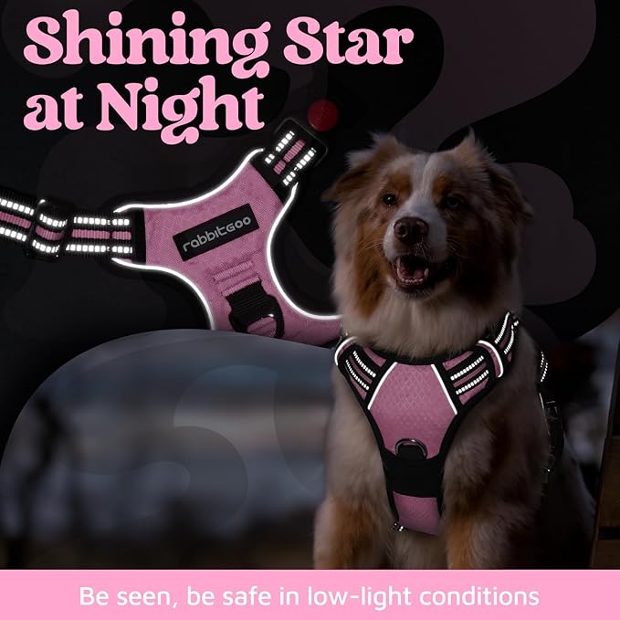 rabbitgoo Dog Harness Medium Sized, No Pull Dog Vest with 3 Buckles, Adjustable Soft Padded Pet Harness with Easy Control Handle and Reflective Strips, Light Pink, M