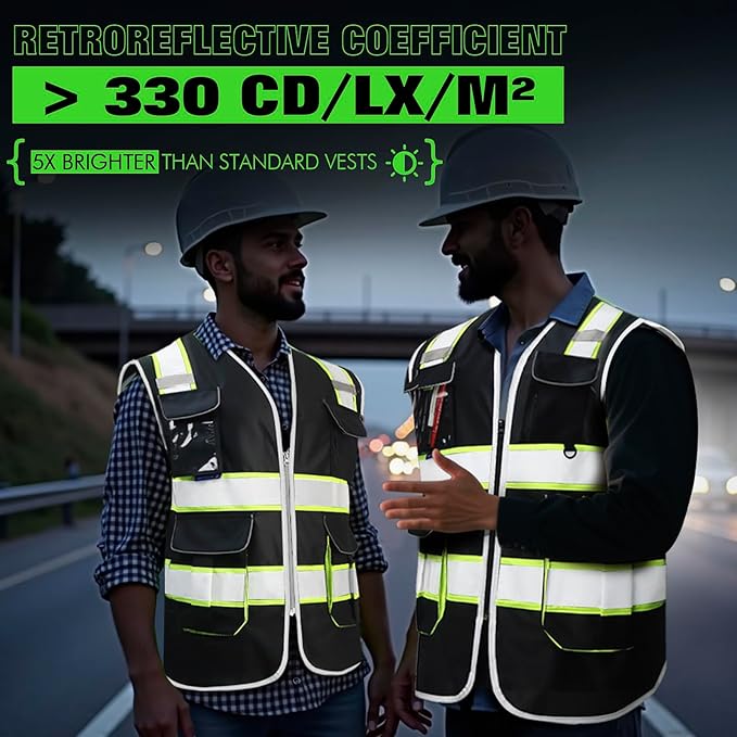 BeautyWill ANSI Certified Custom Logo Safety Vest 8-Pockets Class2 High Visibility Reflective Vest for Men - Personalized Logo Heavy-Duty Work Vest（Black，M）