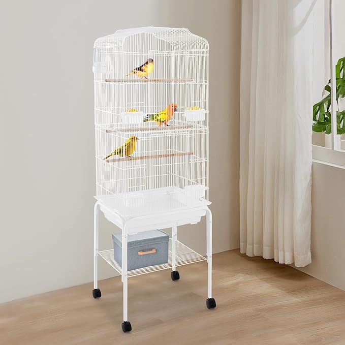 Large Bird Cage with Wheels Parrot Cages for Large Birds Iron Bird Cage with Stand Outdoor Birdcages with Tray, Feeding Bowls & Waterer Big Bird Cages for Parakeets, Lovebird & Pigeon (White)