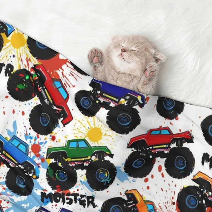 Dog and Cat Blanket in One, Grunge Monster Truck Car Art, Double Sided Plush Throw with Raised Dot Pattern on One Side and Flat Velvet on Other for Variety
