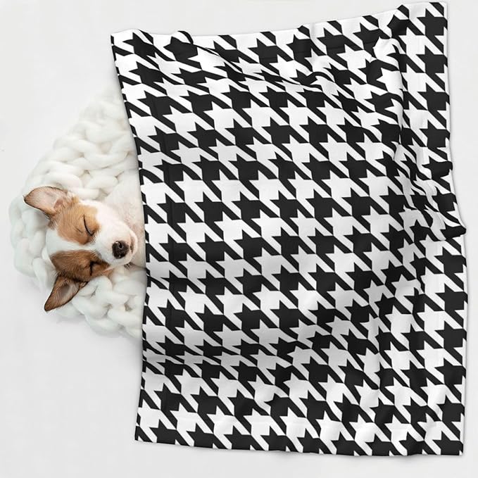 Reversible Plush Throw for Dogs and Cats, Black and White Houndstooth, Double Sided Blanket with Nubby Dot Side and Sleek Side Ideal for Cuddling Nesting Security