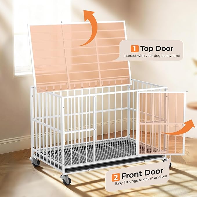 White 48 in Heavy Duty Dog Crate Steel Escape Proof, Indoor Double Door High Anxiety Cage, Removable Tray, Kennel with Wheels,XL XXL