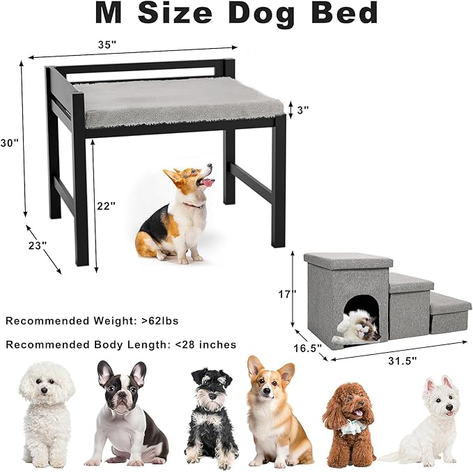 Bedside Dog Bed with Mattress - Raised Wooden Pet Cosleeper with Guardrail, Removable Mattress & 3-Step Foldable Stairs, Freestanding Bassinet-Style Elevated Dog Bed for Medium Sized Dogs