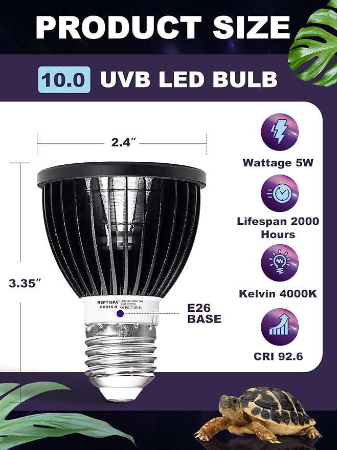 LED UVB Light for Reptiles, 5W 10.0 LED UVA UVB Lamp, Reptile UVB Bulb for Bearded Dragon Lizard Gecko Snake Turtle, Provide Sufficient UVB Exposure Tropical & Desert Reptiles