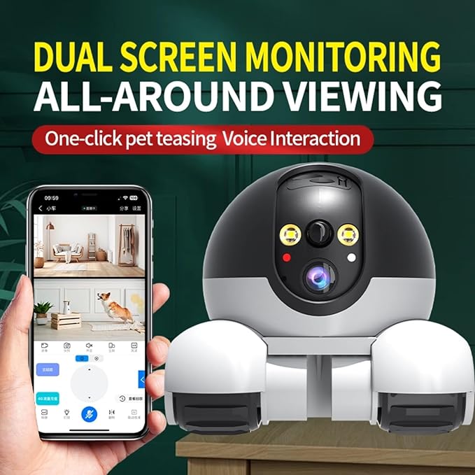 Yoidesu Camera Robot, Movable Pet Cam with Wheels, 1080P 2MP Dual-Lens HD WiFi Security Camera with Phone App, Support 2 Way Talk Tracking for Cat Dog Baby