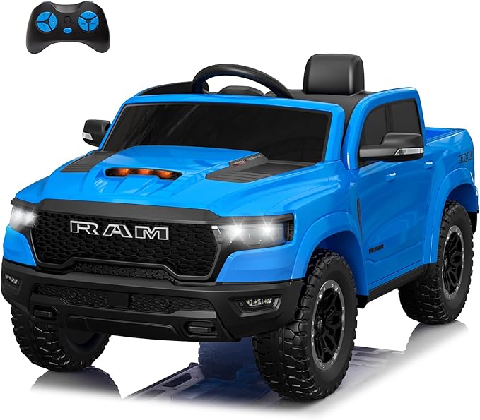 Licensed Ram 1500 Ride on Toys for Kids 4-8, Ride-on Electric Car for Kids with Remote Control, Battery Powered with Car Key/Gear Selector, LED Light/Music/MP3, Back Storage (Blue)