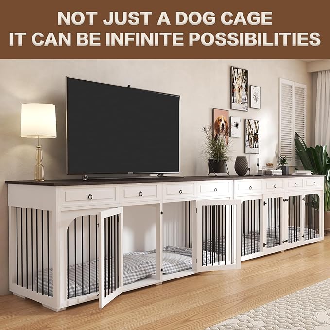86.6" Extra Large Dog Crate Furniture for Large Breeds,XXXL Wooden Double Dog Crates Kennel Cage Furniture Style TV Stand Side End Table for 2 Dogs with Divider Locks and 4 Drawers,White