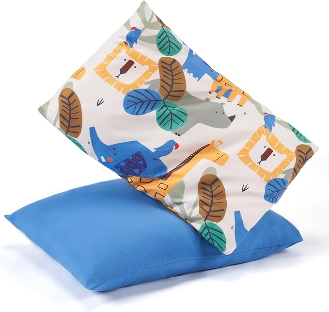 TILLYOU Toddler Pillowcases 13 x 18 Travel Pillow Case 2 Pack, Kids Pillowcases Machine Washable with Envelope Closure, Animal Geometry & Blue