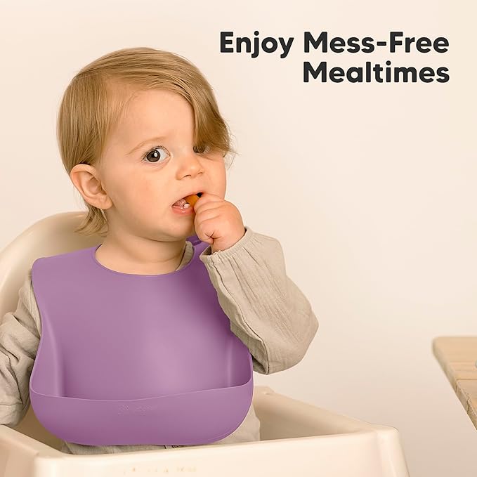 KeaBabies 2-Pack Silicone Baby Bibs for Eating - Sturdy Food-Grade Silicone Bibs for Babies Girl, Boy, Large Food Catcher, Clean & Put On Easily, Waterproof Toddler Feeding Essentials (Amethyst)