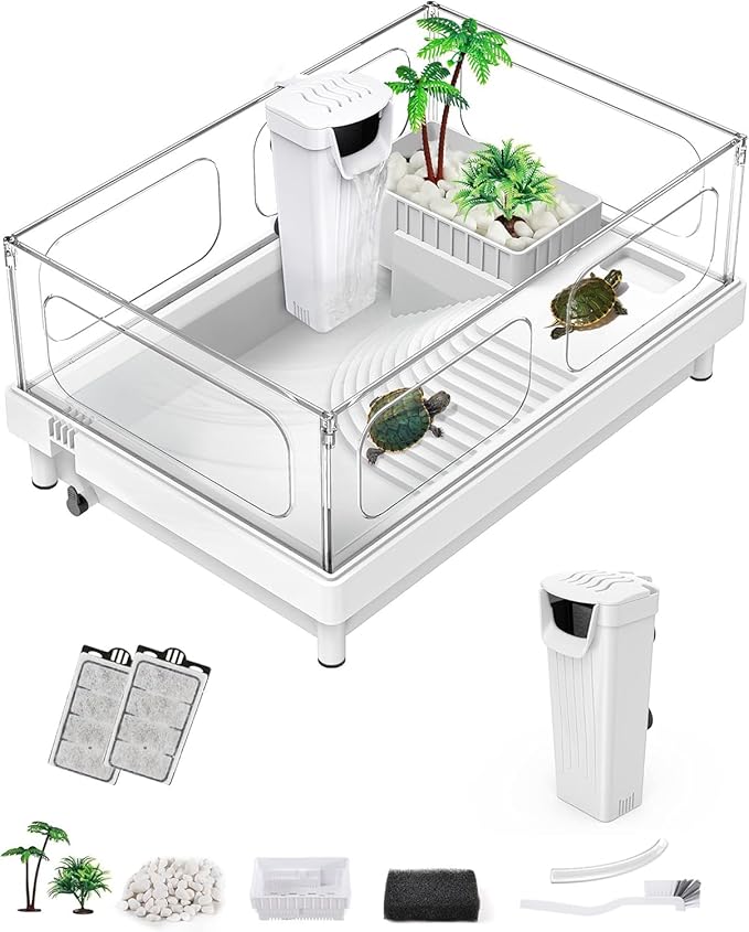 Small Turtle Tank with Filter, Turtle Aquarium, Acrylic Turtle Terrarium with Basking Platform, Bottom Drainage, Multi-Function Areas for Turtles, Crayfish, Small Reptiles (Tank+Filter)