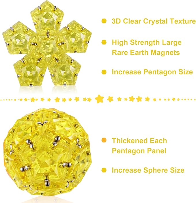 RoomyRoc Magnetic Fidget Sphere - Pentagons Magnets Balls - 12 Piece Set - Crystal Golden - Magnet Fidgets Toy - Creativity Beyond Imagination, Inspirational, Recreational, Desk Toys for Adults