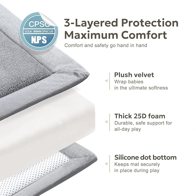 Ultra Soft 1.3" Thick Baby Play Mat for Floor, Large Velvet 50x50 Playpen Mat, Baby-Safe & Non-Slip Tummy Time Mat, Crawling Mat for Babies, Toddlers, Infants, Kids, Easy Care, 50"x50", Gray