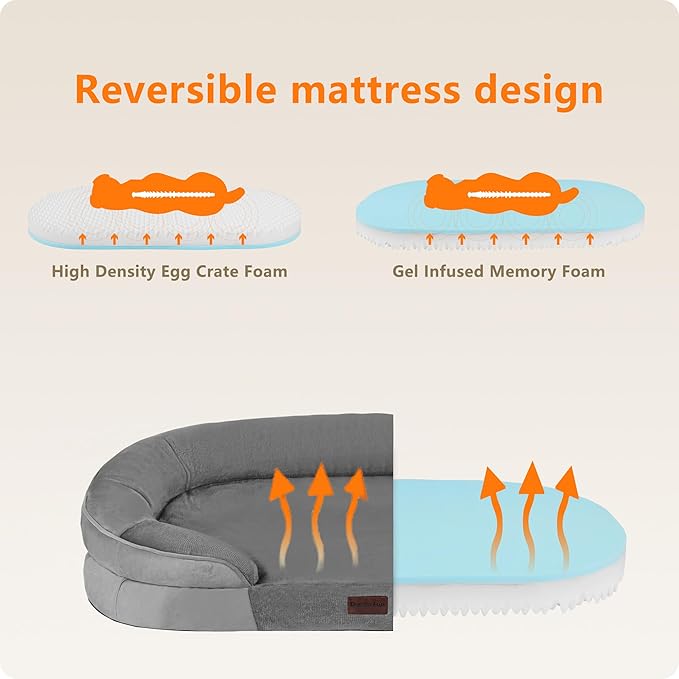 Dwanton Orthopedic Dog Bed for Extra Extra Large Dogs with Gel Memory Foam, Waterproof Dog Sofa, Washable Pet Bed with Four Sided Bolster Cushion, Removable Cover & Non-Slip Bottom, 48", Medium Gray