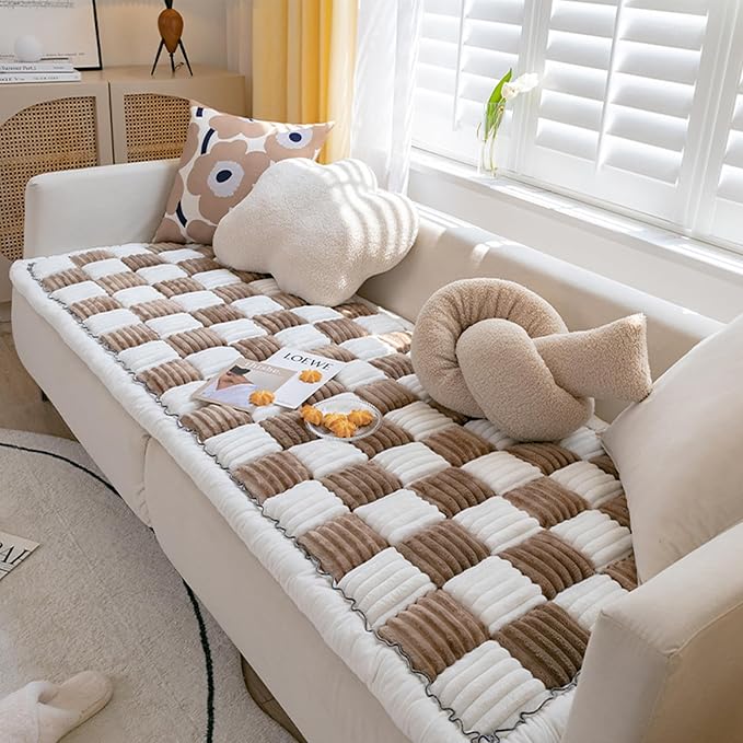 FunnyFuzzy Cream-Coloured Plaid Square Pet Mat Bed Couch Cover, Winter Thickened Dog Bed Cover Pet Blanket Sofa Couch Furniture Protector For Kids Dog Cat(Size:27.6*70.9 in,Color:Dark Brown)