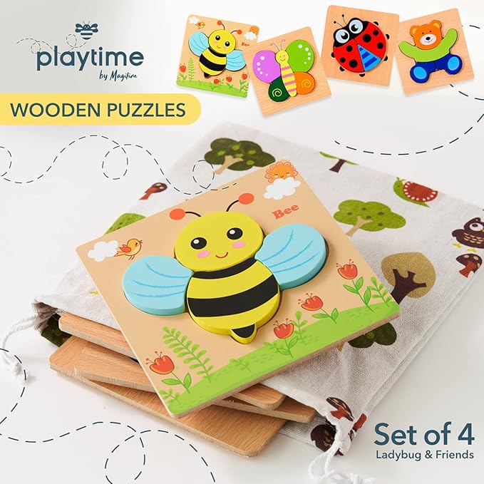 MAGIFIRE Toddler Wooden Puzzle Set - 4-Pack 5.7 x 5.7 Inch Multicolor Wood - Chunky Pieces for Small Hands & Portable Storage Bag - Toddler Puzzles Ages 3-5