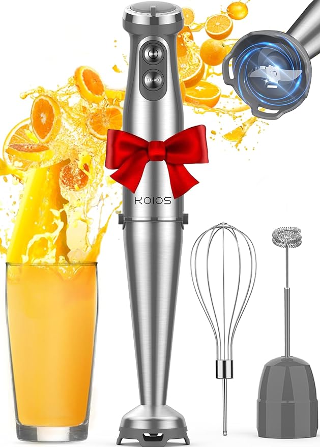 KOIOS Immersion Blender, 1000W Anti-scratch 3-in-1 Hand Blender, Upgraded 12 Speed Stainless Steel Blade Stick Blenders with Turbo Mode, Whisk and Milk Frother, Non-BPA