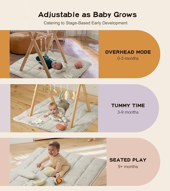 Baby Gym with Mat, Wooden Play Gym with 9 Sensory Toys, Foldable Baby Play GymFrame Activity Center, Natural Pine Wood, Montessori Toys, Easy to Assemble & Clean, Natural Color