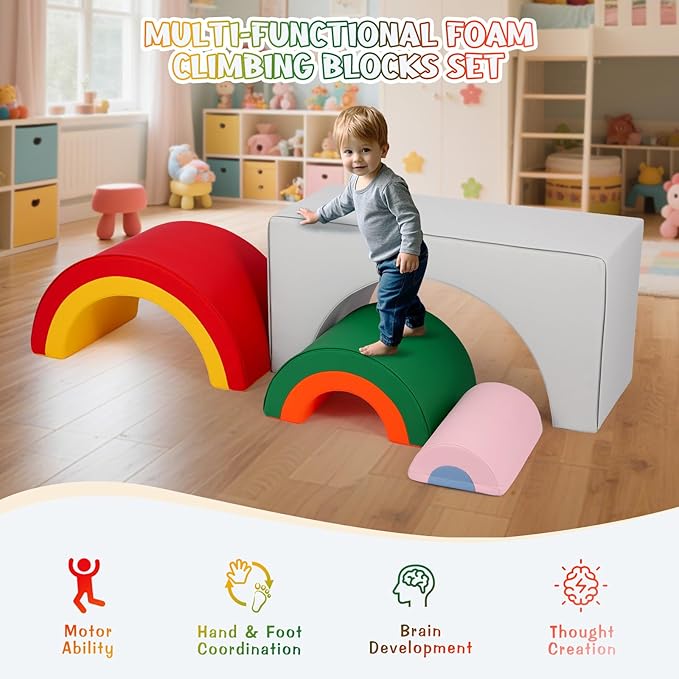 Asweets 4 in 1 Rainbow Foam Climbing Blocks for Toddlers, Indoor Soft Climb and Crawl Play Climbing Toys for Creativity & Imagination, Recognize Color