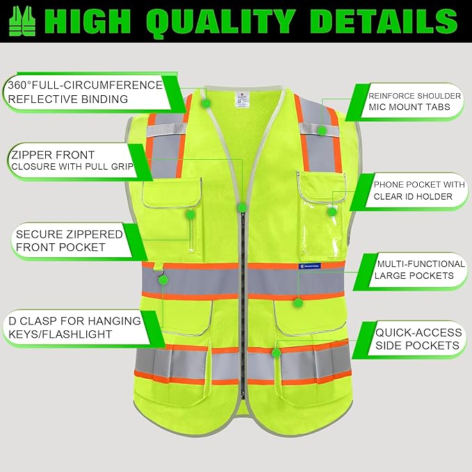 BeautyWill 5Pack Custom Logo Safety Vest 8 Pockets Class2 ANSI Certified High Visibility Reflective Vest for Men - Personalized Logo Heavy-Duty Work Vest（Yellow，3XL）