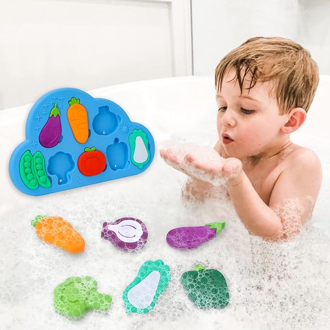 Baby Bath Toys, 100% Silcone Mold Free Vegetable Bath Toys, Soft Toddlers Floating Bathtub Toy, No Hole Tub Water Toys, Shape Sorting&Matching Educational Learning Toys Gift for Boys Girls Kids