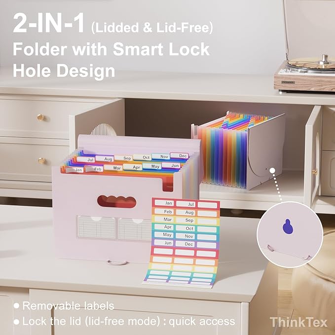 ThinkTex Accordion File Organizer, 12 - Pocket Expanding File Folders for Paper Receipts, Bills&Taxes Organizer, Letter/A4 Size Document Holder for School, Office, Home with tabs-Pinkish Purple