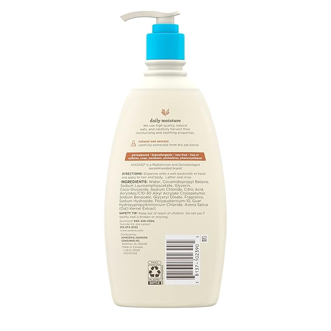 Aveeno Baby Gentle Body Wash & Shampoo with Natural Oat Extract, Tear-Free, Paraben-Free & Phthalate-Free Formula for Baby’s Sensitive Hair & Body, Lightly Scented, 18 fl. oz, 3 Pack