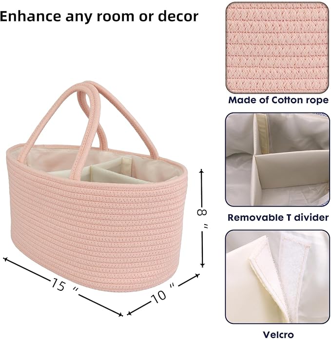 Diaper Caddy Organizer Cotton Rope Baby Basket Nursery Storage and Portable Tote Bag for Car Ideal Baby Shower Gifts and Registry Must-Have for Newborn Essentials large coral pink