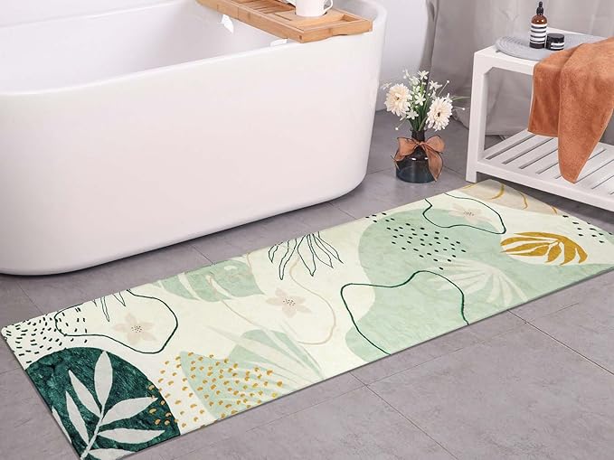 Lahome Green Hallway Runner - 2x6 Washable Kitchen Rug Boho Non-Slip Low-Pile Laundry Room Rug Soft Bathroom Runner Botanical Print Throw Carpet for Entrance Bedroom Living Room
