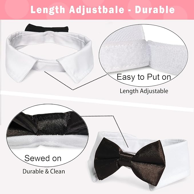 KOOLMOX 8PCS Adjustable Tux Dog Collar with Bow Tie, White Tuxedo for Large Dogs Wedding Attire