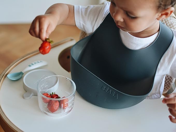 BEABA Silicone Baby Bib, Made with Soft Supple Silicone, Baby Bibs with Baby Food Catcher, Baby Essentials for Baby Feeding