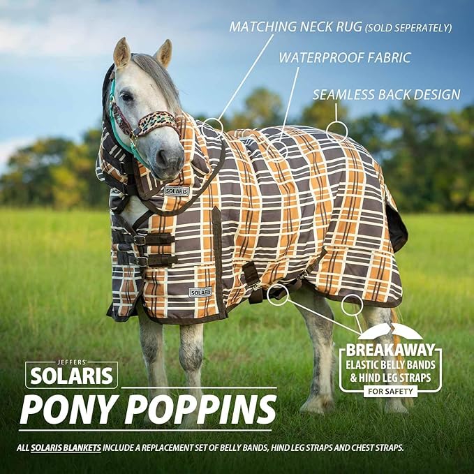 Jeffers Pony Poppins Solaris 1200 Denier Turnout Blanket Brown & Cream Plaid 54" - Waterproof, Breathable Horse Blanket with 0 gram Polyfill, No Insulation, Ideal Protection for Wind & Rain,